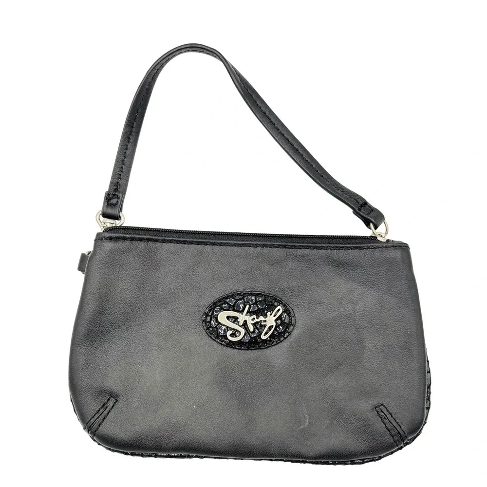 Sharif Black Leather Wristlet Pouch Silver Logo Zip Top Small Handbag Bag Womens